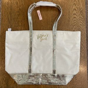 Victoria’s Secret Gold Silver Sequin Tote Bag Zipper Ivory